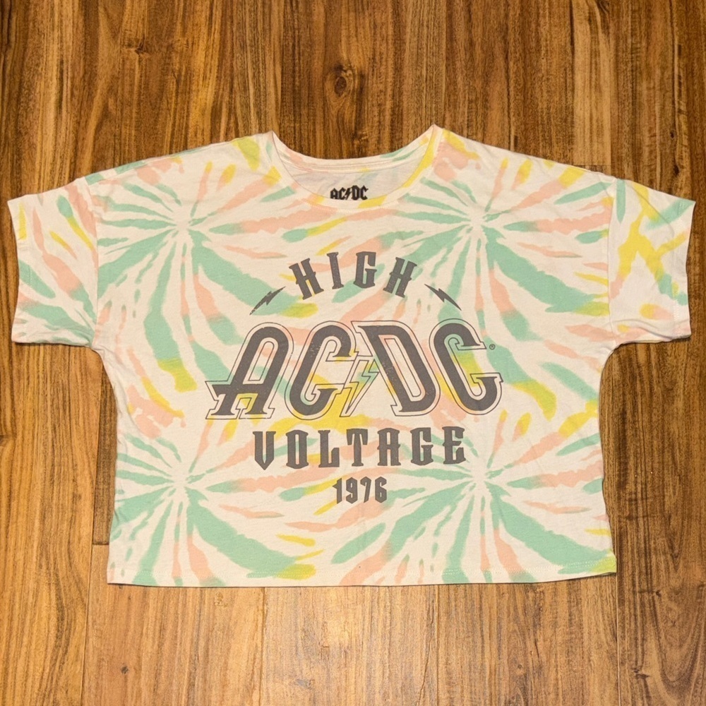 AC/DC women’s shirt tee XL crop tie dye High Voltage Rock band graphic pastel